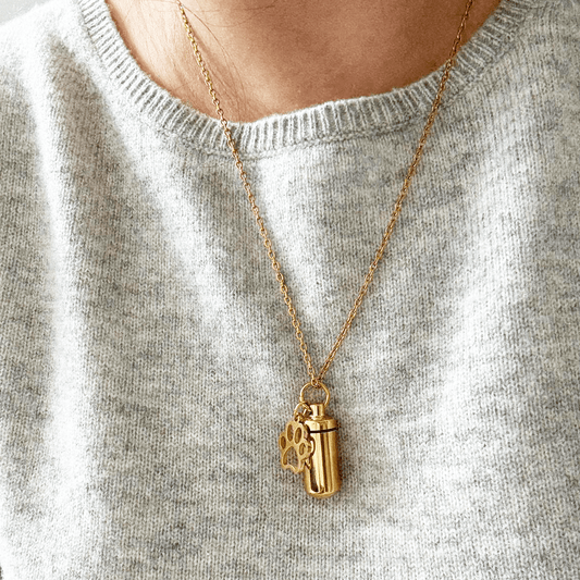 Gold Cylinder Pet Memorial Ashes Necklace with Paw Print - Ashes Jewellery AE