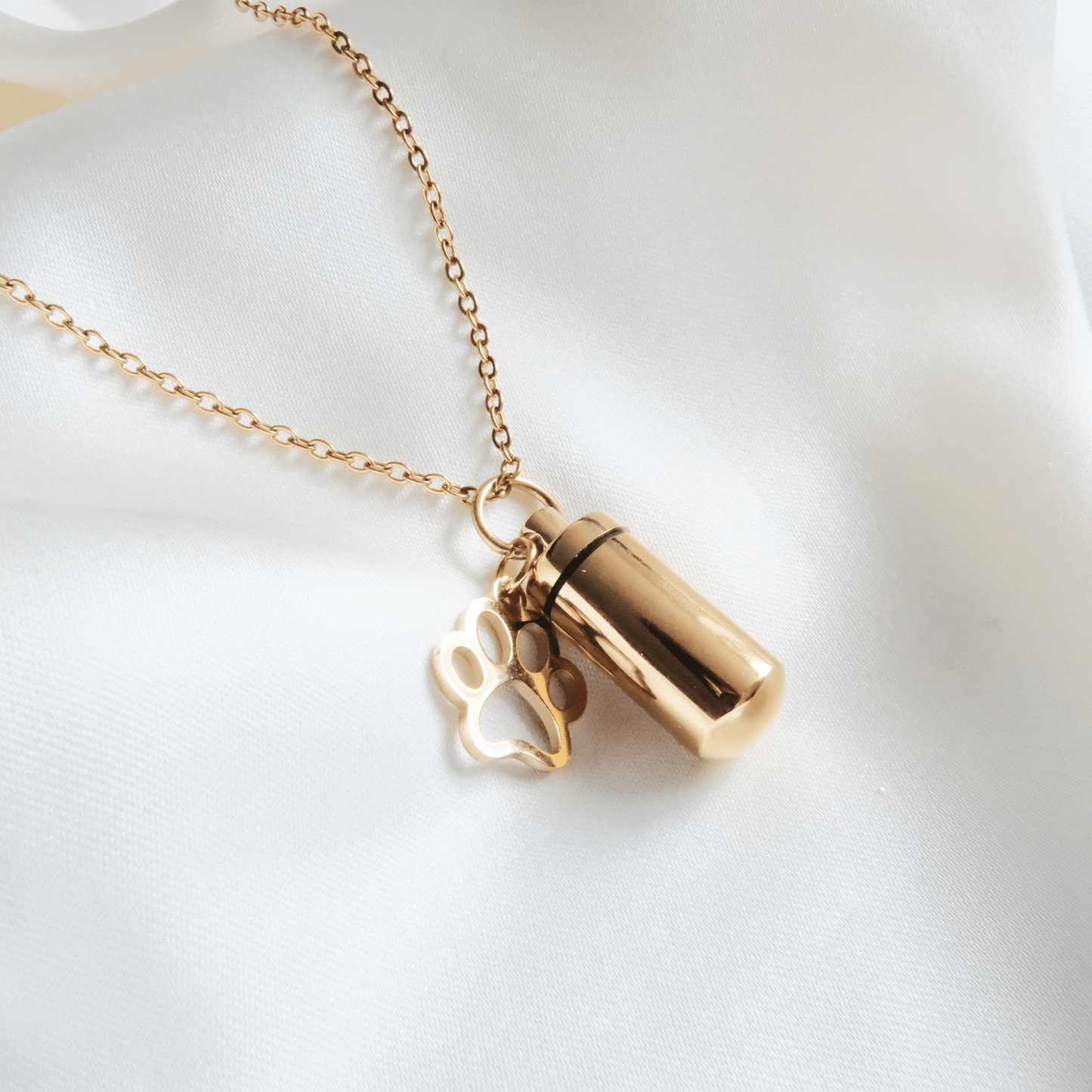 Gold Cylinder Pet Memorial Ashes Necklace with Paw Print - Ashes Jewellery AE