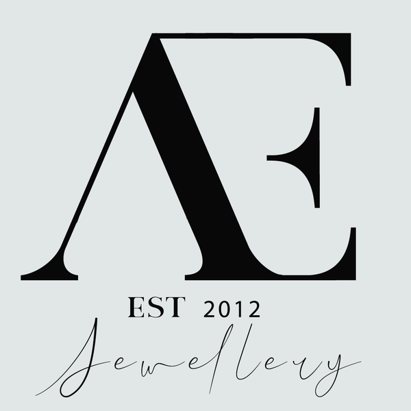 Jewelry brand logo with 'AE' initials, 'EST 2012', and 'Jewelry' text on a light gray background.