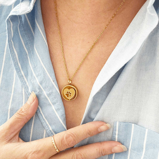 Pet Ashes in Jewellery – Stainless Steel Round Ashes Necklace with Heart & Paw Gold - Ashes Jewellery AE
