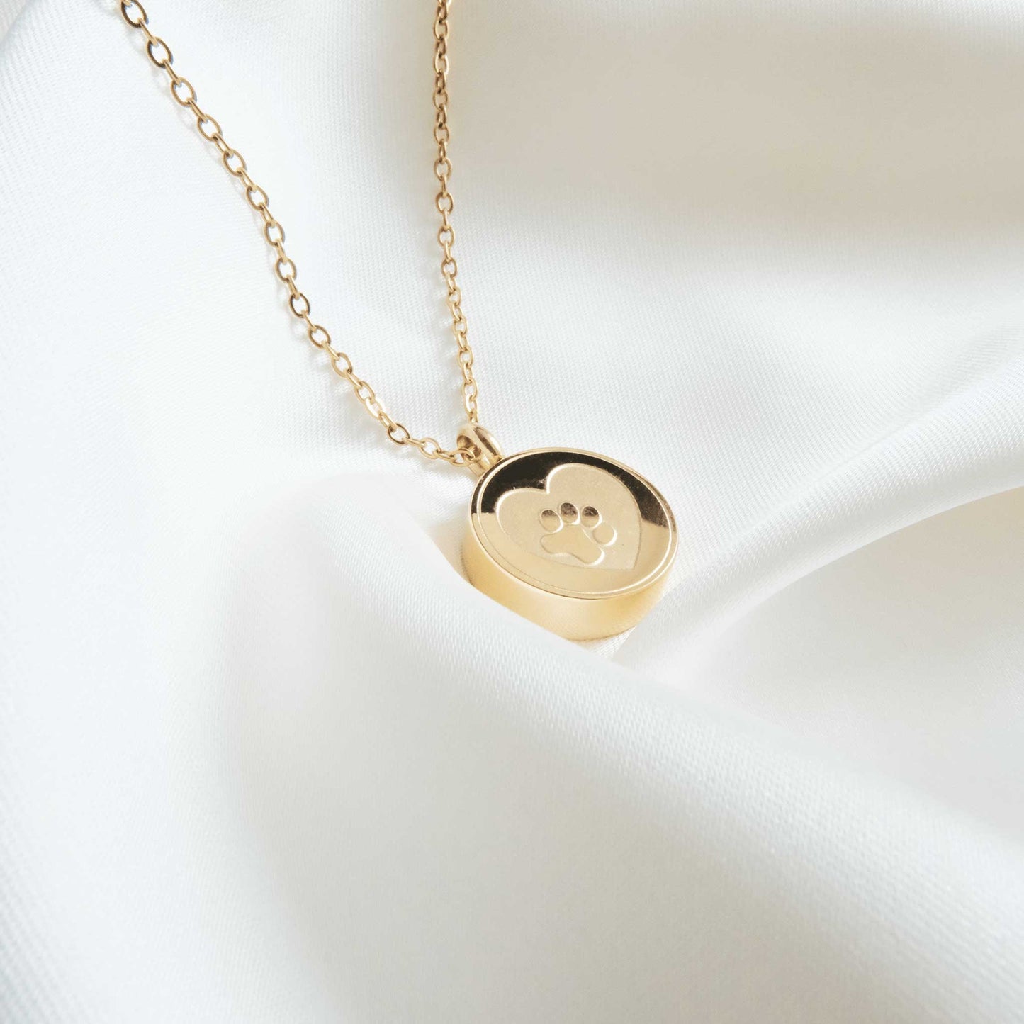 Pet Ashes in Jewellery – Stainless Steel Round Ashes Necklace with Heart & Paw Gold - Ashes Jewellery AE