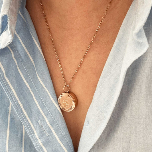 Pet Ashes in Jewellery – Stainless Steel Round Ashes Necklace with Heart & Paw Rose Gold - Ashes Jewellery AE