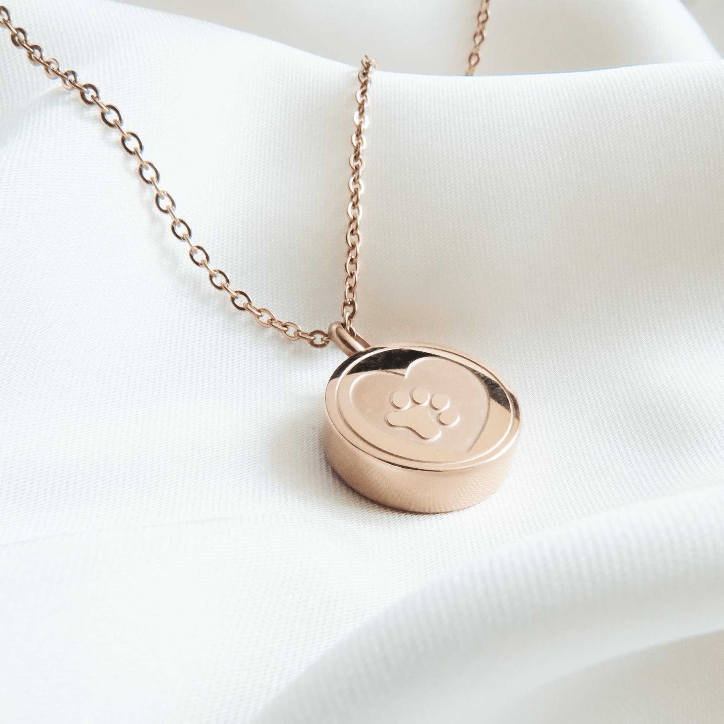 Pet Ashes in Jewellery – Stainless Steel Round Ashes Necklace with Heart & Paw Rose Gold - Ashes Jewellery AE