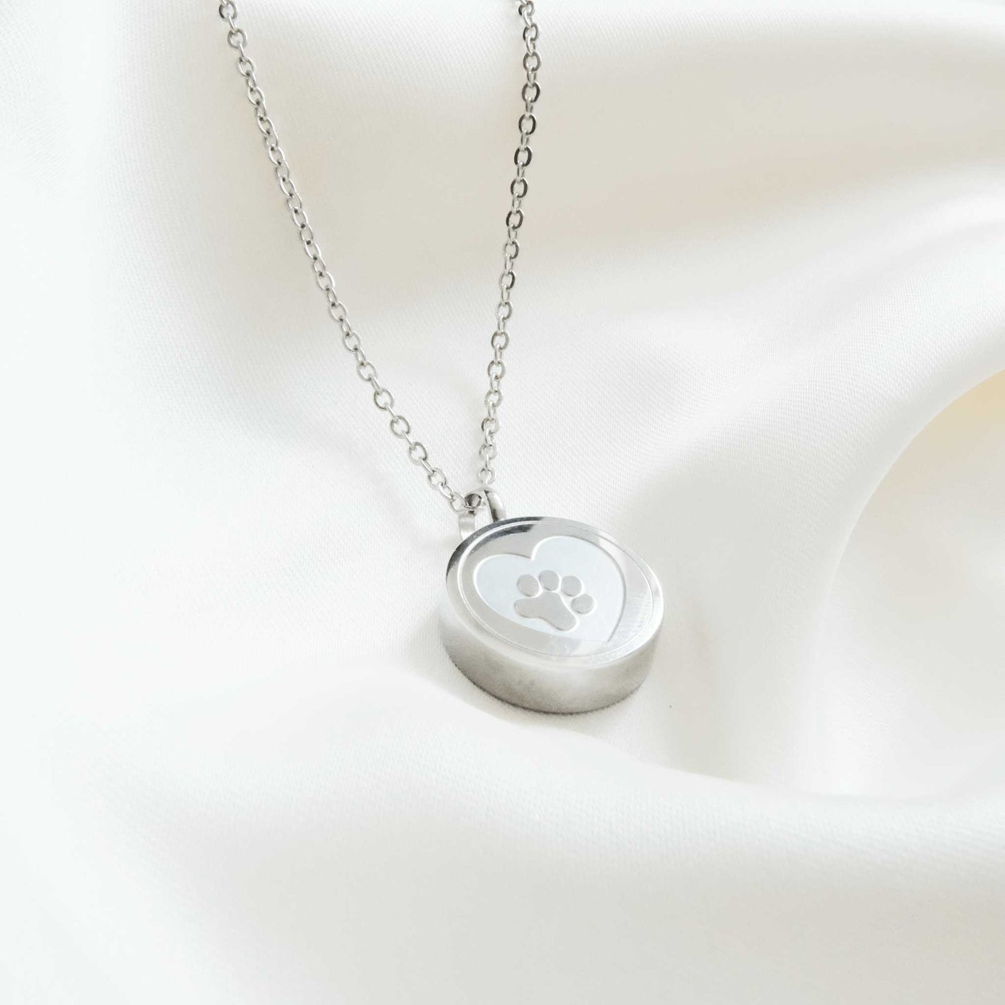 Pet Ashes in Jewellery – Stainless Steel Round Ashes Necklace with Heart & Paw Silver - Ashes Jewellery AE