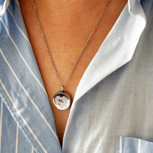 Pet Ashes in Jewellery – Stainless Steel Round Ashes Necklace with Heart & Paw Silver - Ashes Jewellery AE