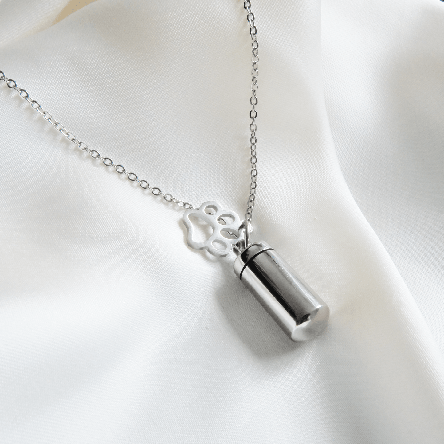 Silver Cylinder Pet Memorial Jewellery with Paw Print - Ashes Jewellery AE