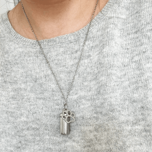 Silver Cylinder Pet Memorial Jewellery with Paw Print - Ashes Jewellery AE
