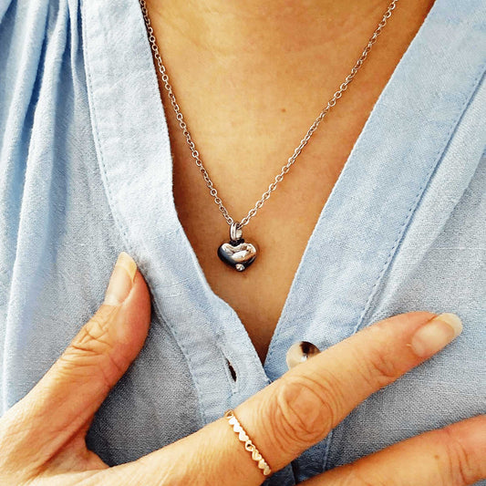 Silver Heart Urn Necklace with Clear Stone Stainless Steel - Ashes Jewellery AE