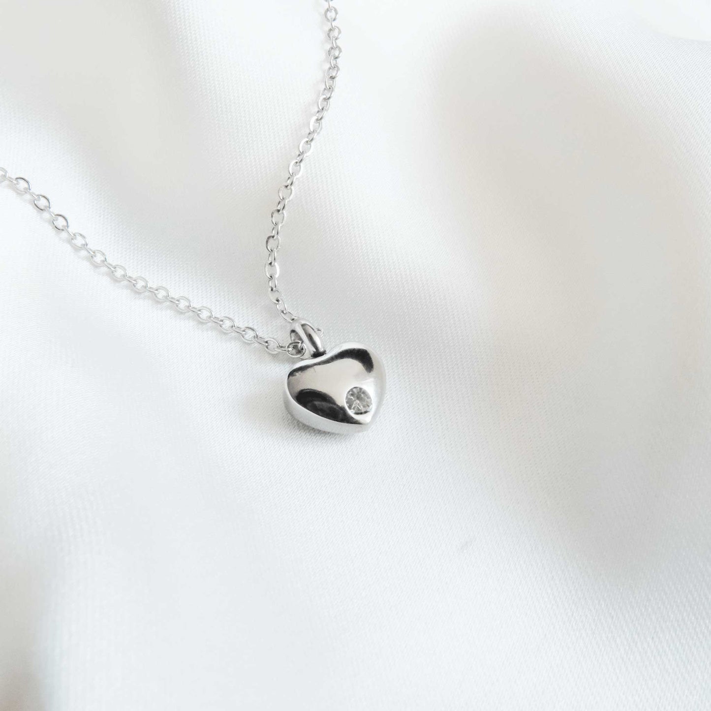 Silver Heart Urn Necklace with Clear Stone Stainless Steel - Ashes Jewellery AE