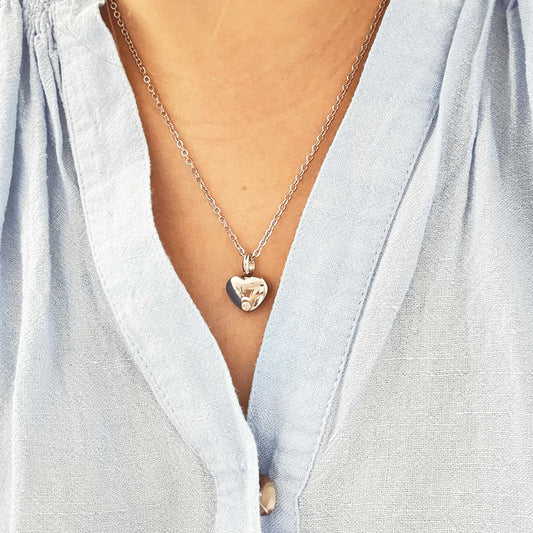 Silver Heart Urn Necklace with Pink Stone Stainless Steel - Ashes Jewellery AE