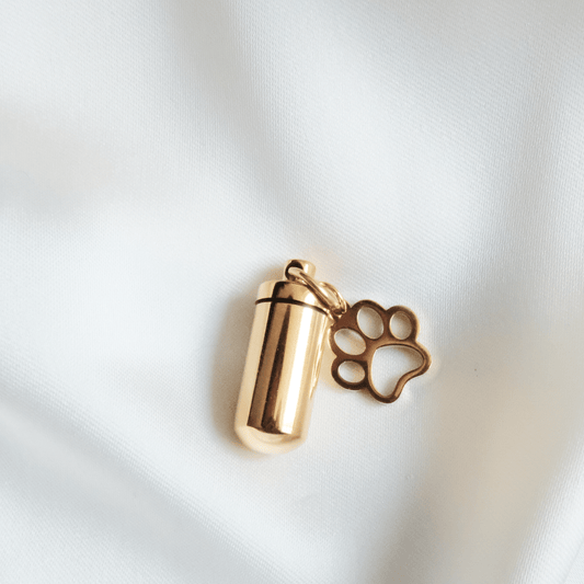 Gold Cylinder Pet Memorial Ashes Necklace with Paw Print - Ashes Jewellery AE