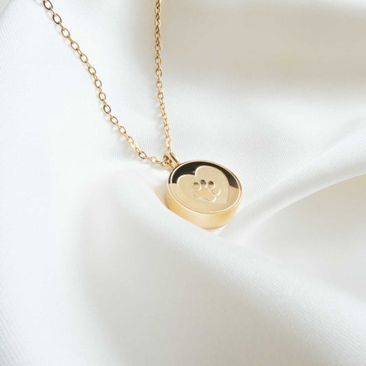 Pet Ashes in Jewellery – Stainless Steel Round Ashes Necklace with Heart & Paw Gold - Ashes Jewellery AE
