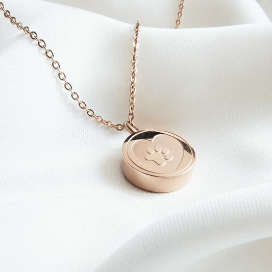 Pet Ashes in Jewellery – Stainless Steel Round Ashes Necklace with Heart & Paw Rose Gold - Ashes Jewellery AE