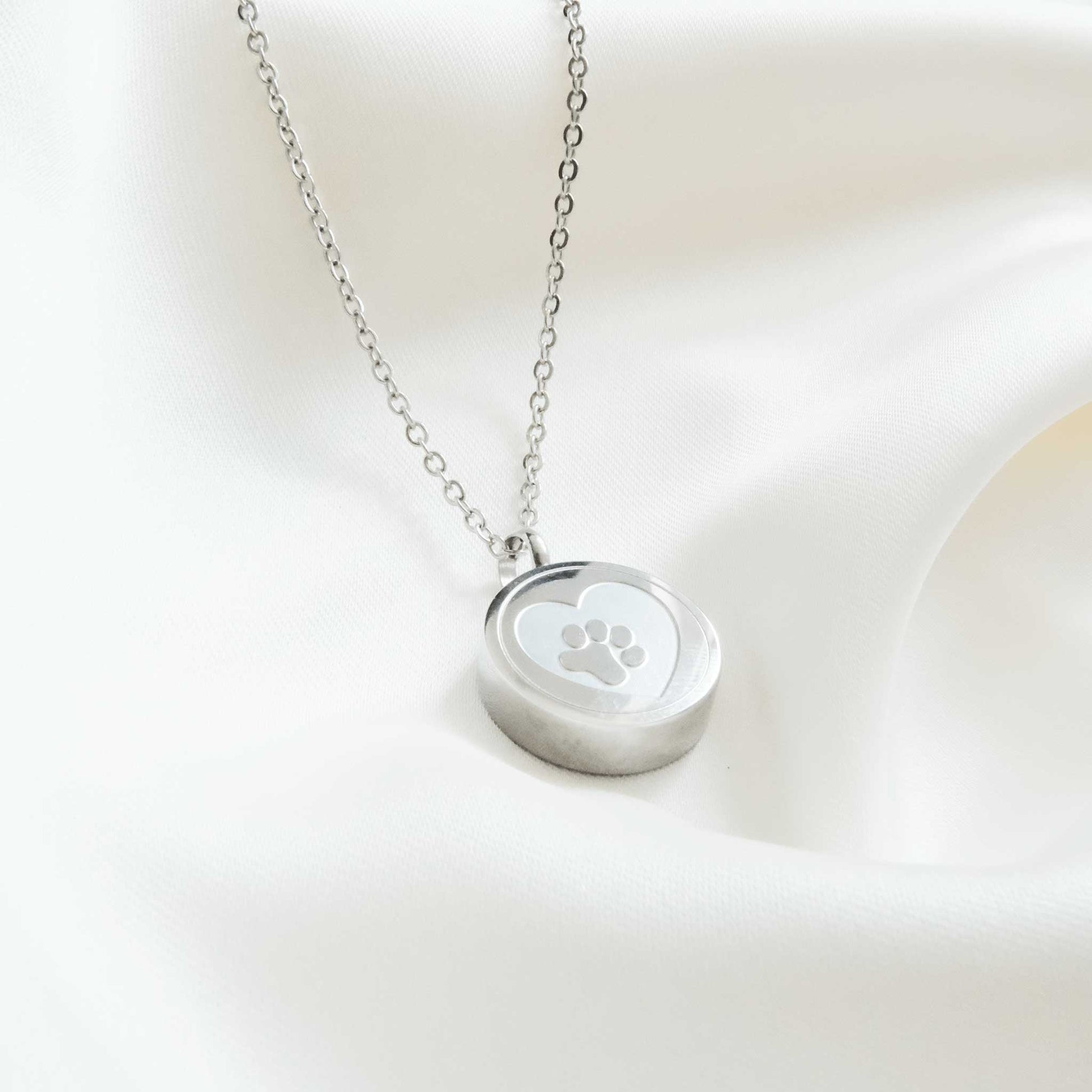 Pet Ashes in Jewellery – Stainless Steel Round Ashes Necklace with Heart & Paw Silver - Ashes Jewellery AE