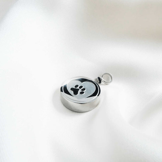 Pet Ashes in Jewellery – Stainless Steel Round Ashes Necklace with Heart & Paw Silver - Ashes Jewellery AE