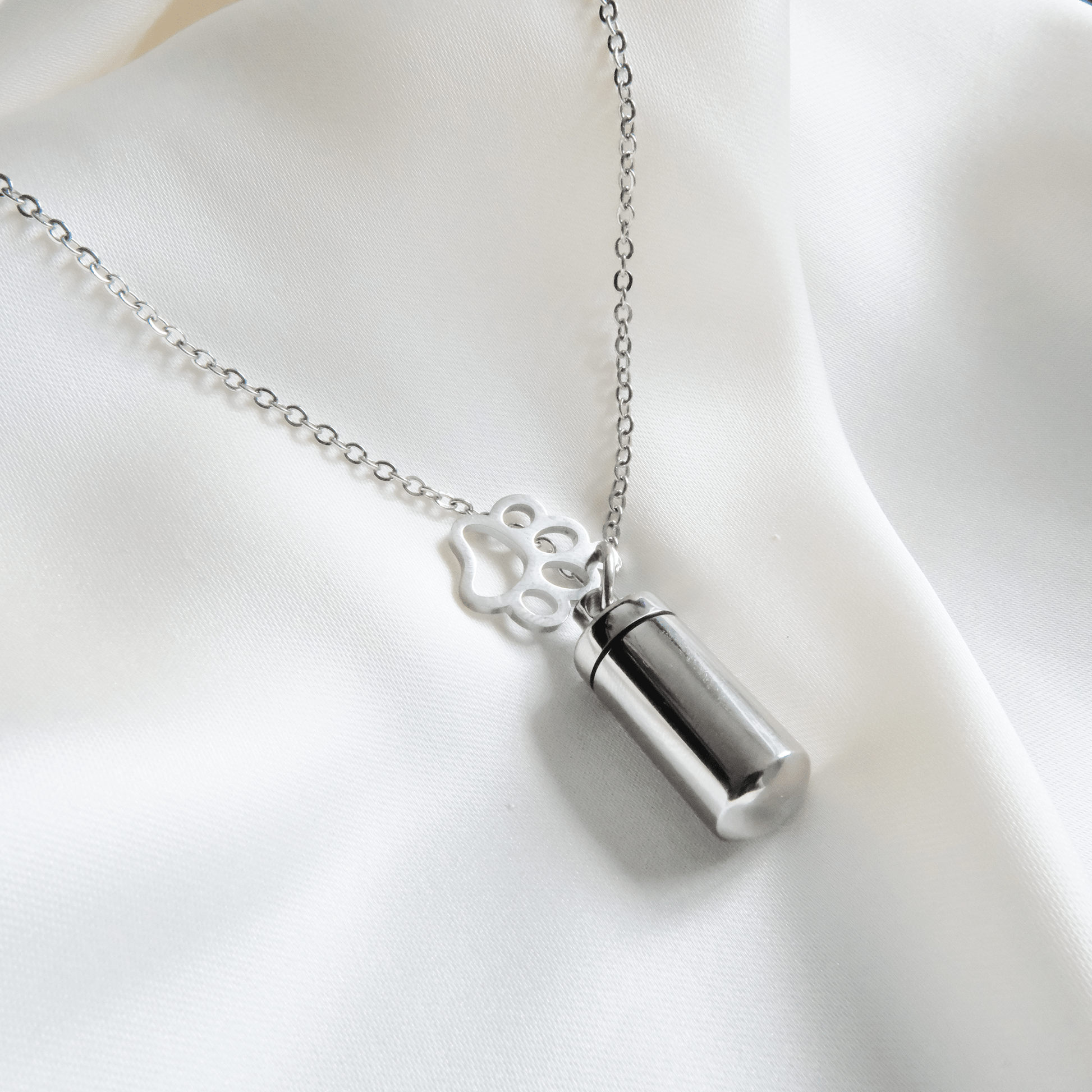 Silver Cylinder Pet Memorial Jewellery with Paw Print - Ashes Jewellery AE