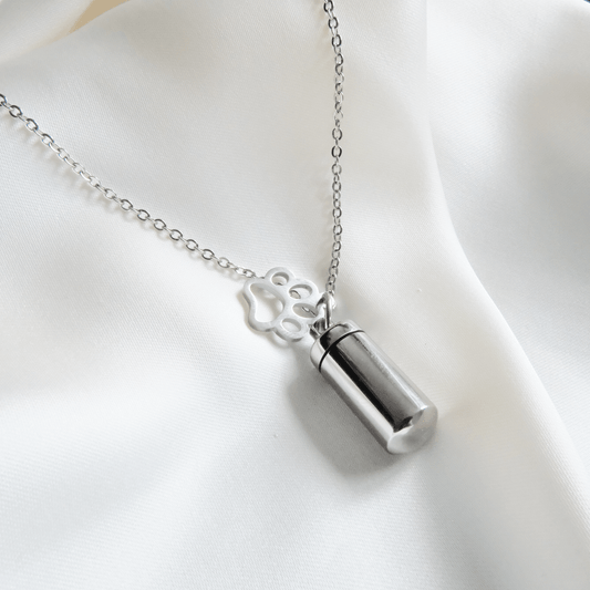 Silver Cylinder Pet Memorial Jewellery with Paw Print - Ashes Jewellery AE