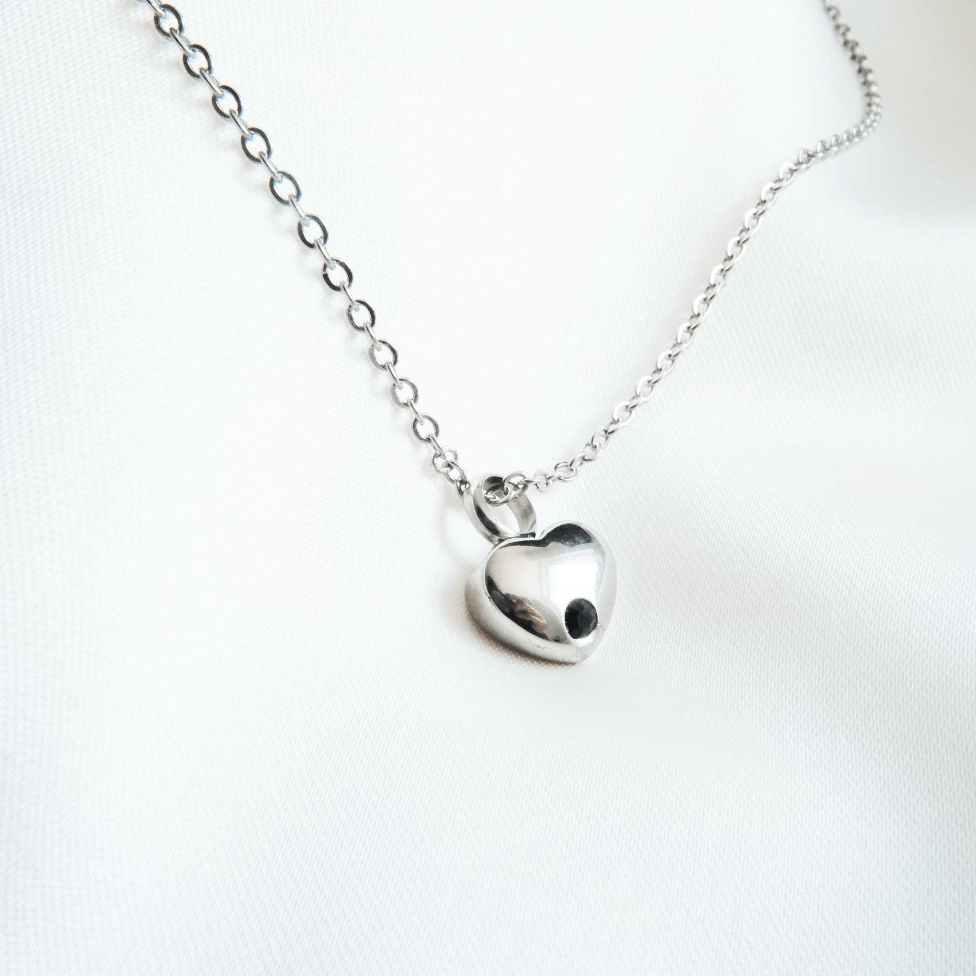 Silver Heart Urn Necklace with Black Stone Stainless Steel - Ashes Jewellery AE