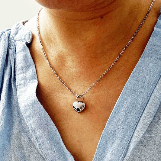 Silver Heart Urn Necklace with Black Stone Stainless Steel - Ashes Jewellery AE