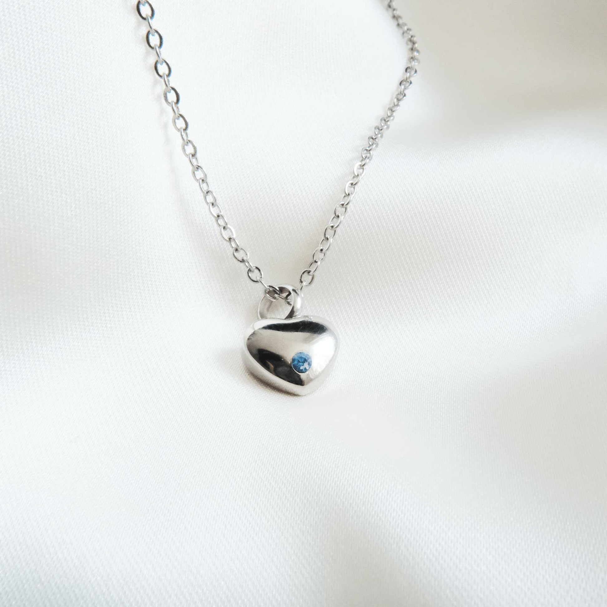 Silver Heart Urn Necklace with Blue Stone Stainless Steel - Ashes Jewellery AE
