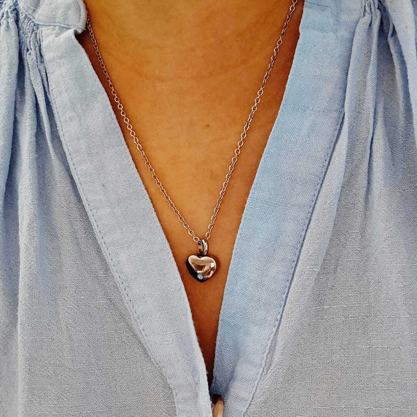 Silver Heart Urn Necklace with Blue Stone Stainless Steel - Ashes Jewellery AE