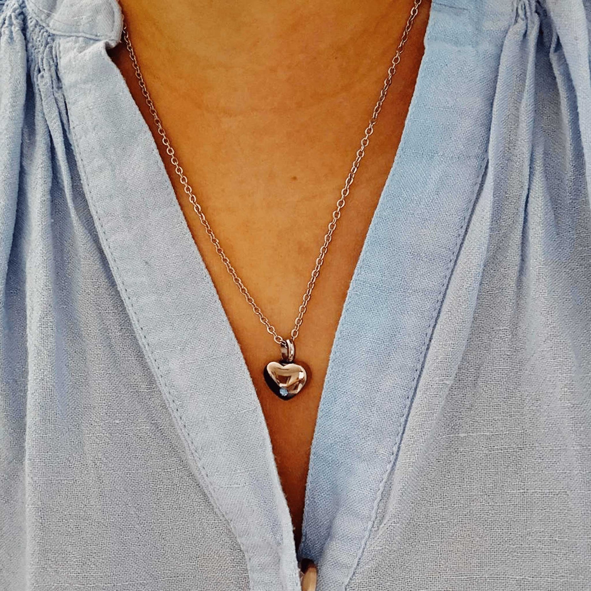 Silver Heart Urn Necklace with Blue Stone Stainless Steel - Ashes Jewellery AE