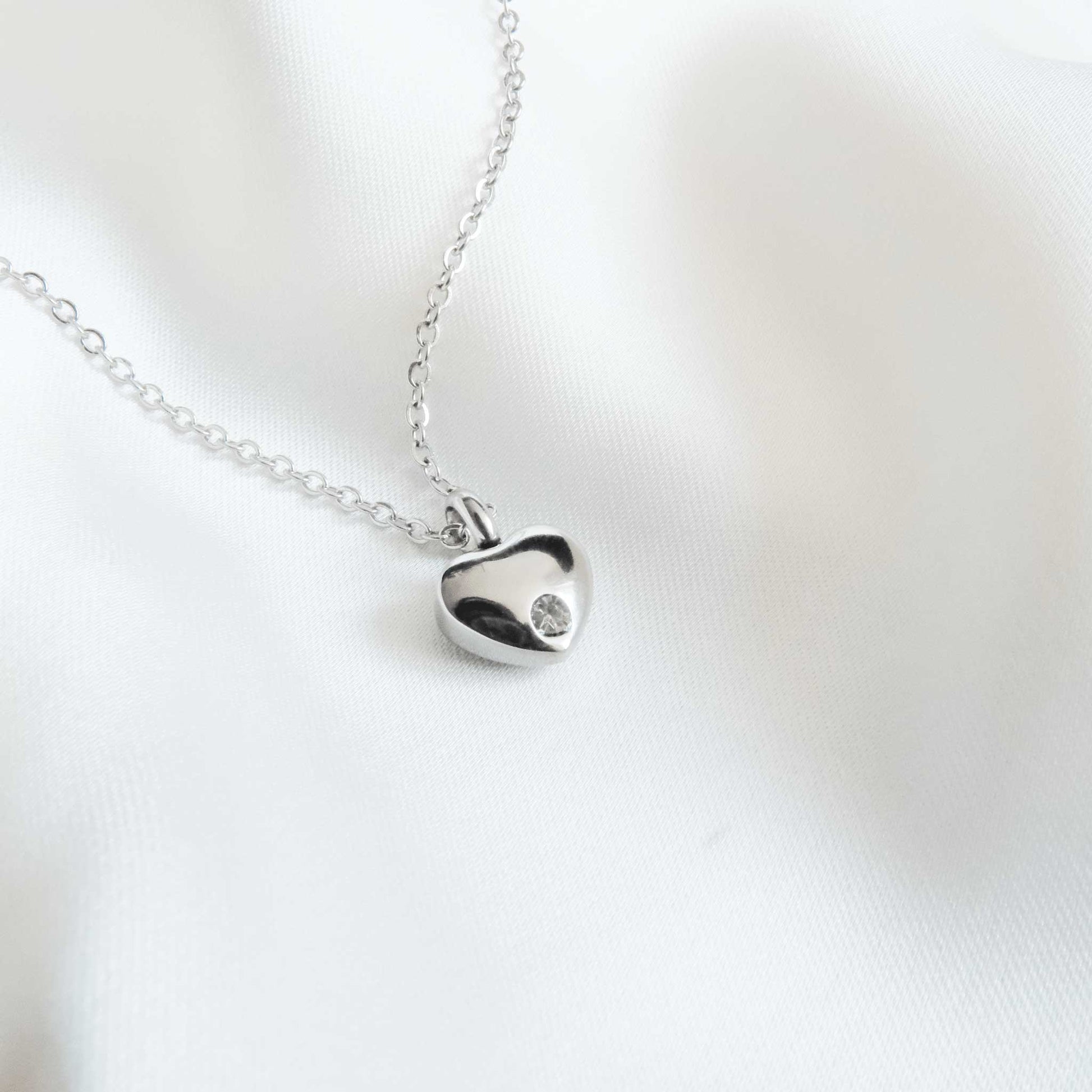 Silver Heart Urn Necklace with Clear Stone Stainless Steel - Ashes Jewellery AE