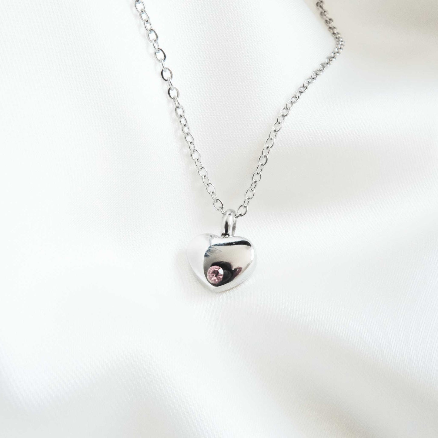 Silver Heart Urn Necklace with Pink Stone Stainless Steel - Ashes Jewellery AE