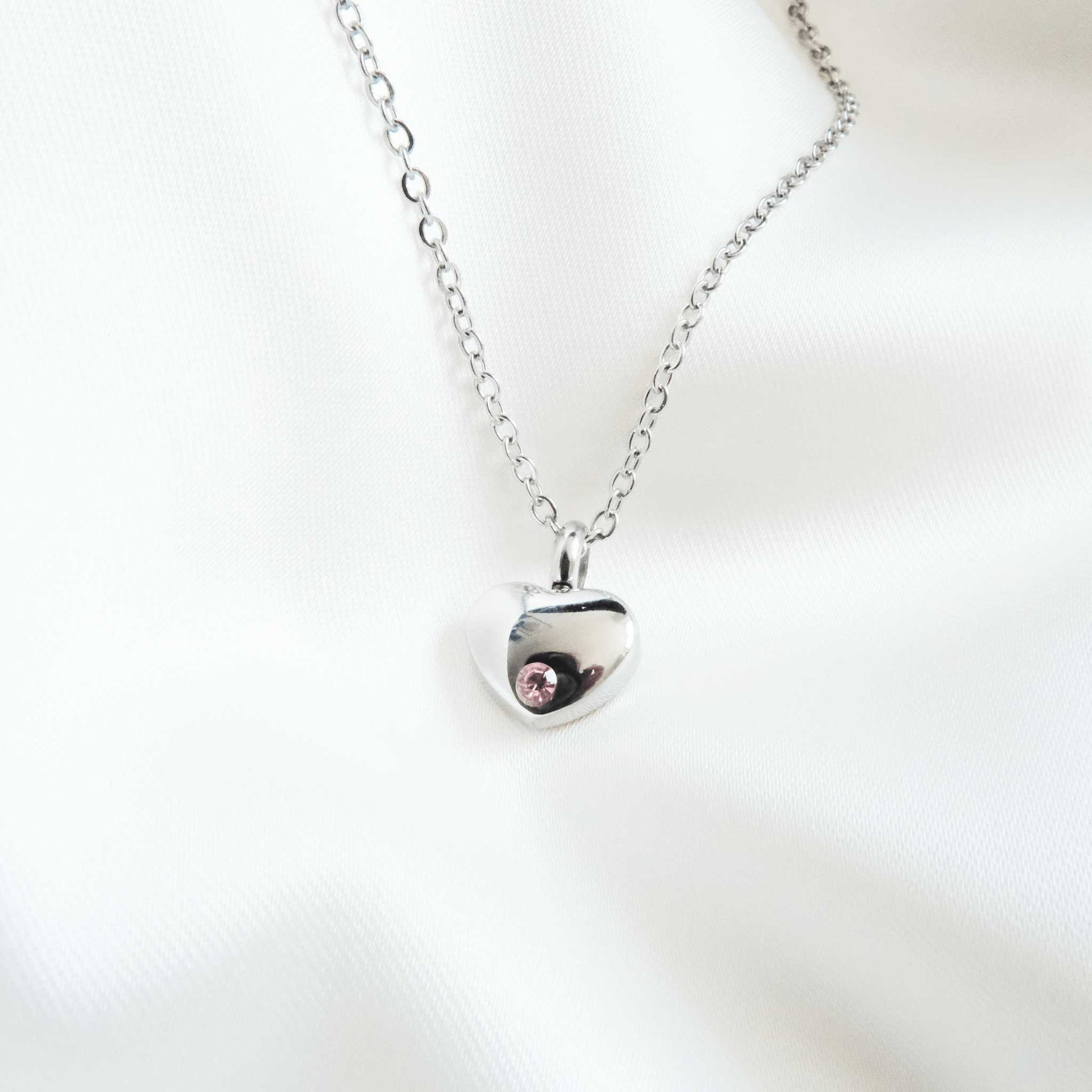 Silver Heart Urn Necklace with Pink Stone Stainless Steel - Ashes Jewellery AE
