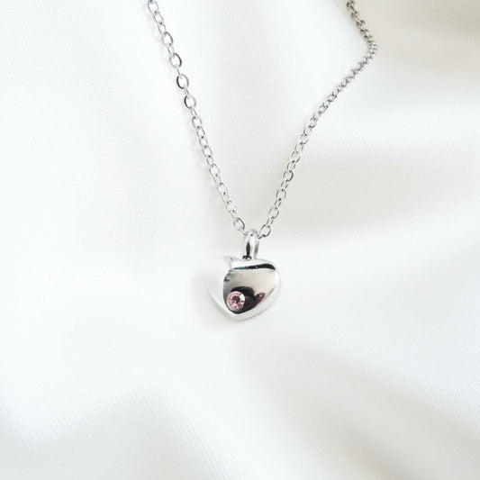 Silver Heart Urn Necklace with Pink Stone Stainless Steel - Ashes Jewellery AE
