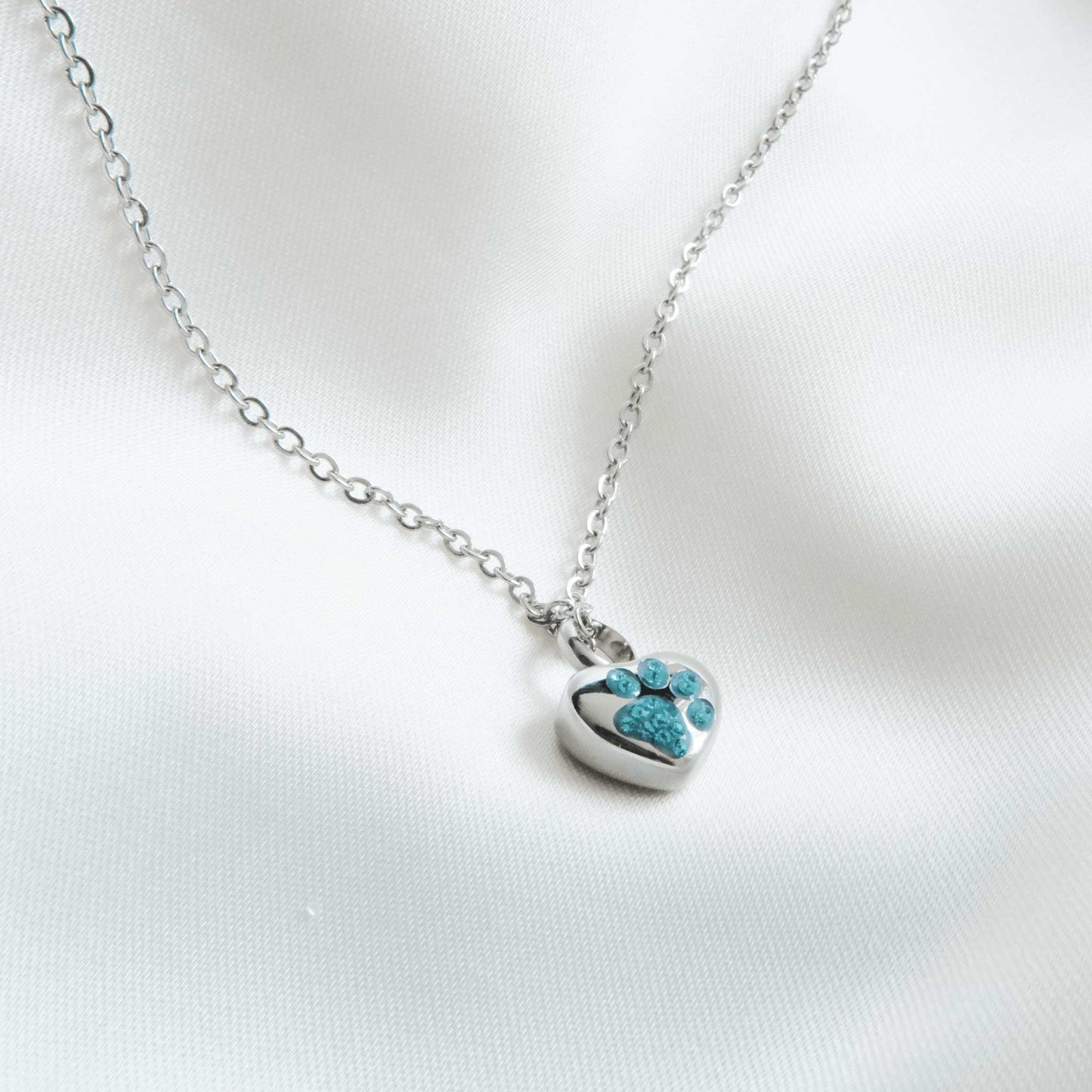 Small Heart & Paw Ashes Pendant – Beautiful Pet Ashes Jewellery with Blue Zircon Paw - Ashes Jewellery AE