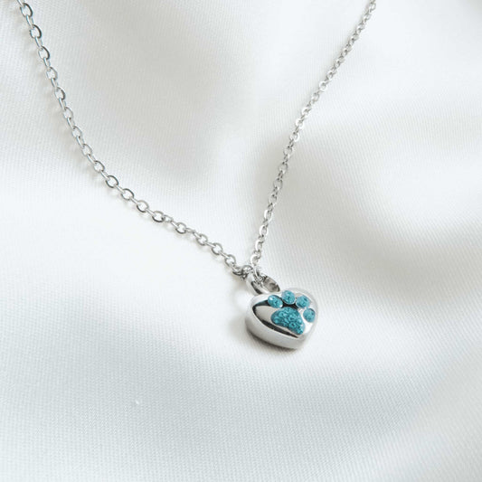 Small Heart & Paw Ashes Pendant – Beautiful Pet Ashes Jewellery with Blue Zircon Paw - Ashes Jewellery AE